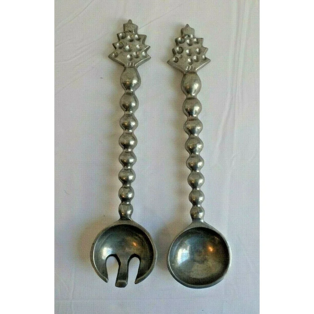 Vintage Silver Christmas Tree Salad Serving Fork & Spoon Made In India Metal